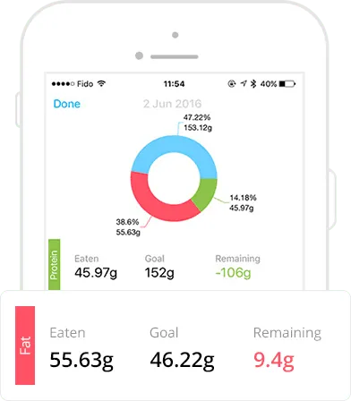 Nutrition tracking interface showing macros and calories
